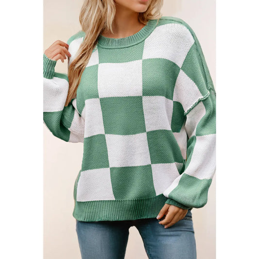 Green & White Checkered Bishop Sleeve Sweater